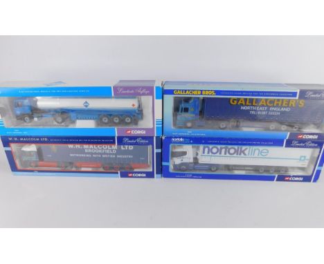 Corgi die cast models of heavy haulage lorries, scale 1:50, limited edition, boxed, comprising M.A.N. Curtainside W.H. Malcol