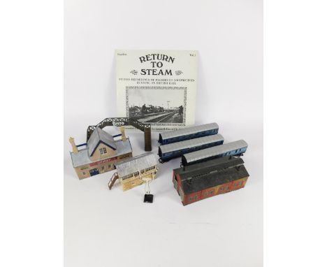 A Hornby dublo gauge Derby Railway Station, footbridge, signal box, signal post, Heljen engine shed, three LMS Coronation Sco