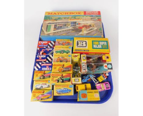 A Matchbox Service Station with forecourt MG-1 die cast matchbox vehicles, most boxed, Britains Ford Super Major 5000 tractor