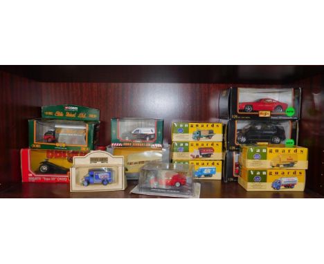 Vanguards Corgi and Maisto die cast models of vintage trucks, sports cars, Eddie Stobart vehicles and a Bedford Coach, boxed,