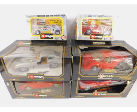 Six Burago die cast models of sports cars, scale 1:18 and 1:32, boxed.