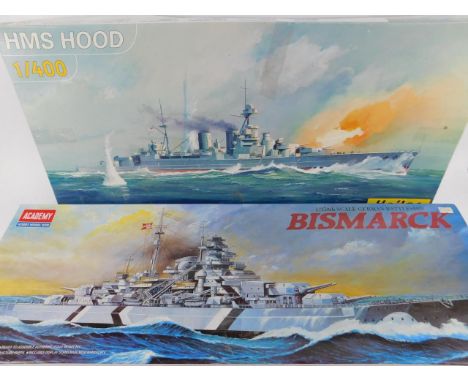 An Academy model kit of the German Battleship Bismarck, scale 1:350, and a Heller model kit of HMS Hood, scale 1:400, both bo