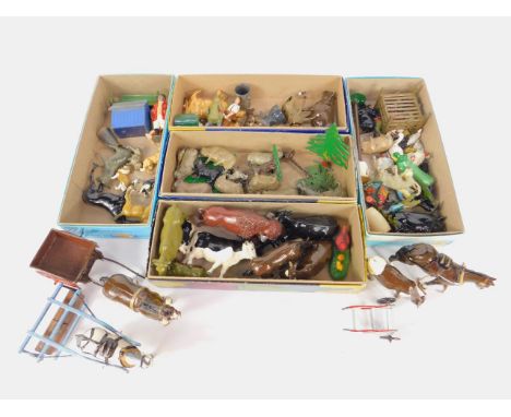Britains and other lead farm yard animals, figures, trees, cart, horse drawn roller and sundries, (qty).