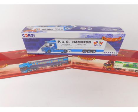 Five Corgi die cast models of Eddie Stobart lorries; curtainsider, fridge trailer, cab bulk tipper, and space cab and flat be