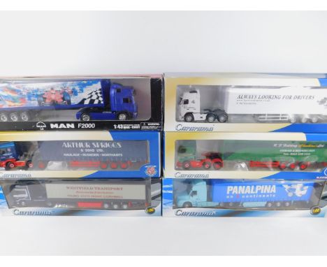 Four Cararama die cast heavy haulage lorries, scale 1:50, boxed, comprising Westfield Transport, HGV Recruitment Ltd, Panelpi