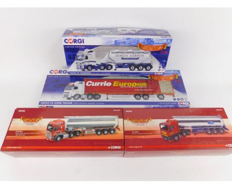 Four Corgi die cast Hauliers of Renown models, scale 1:50, limited edition, Volvo FH Super Trailer, Currie Europa, CC14040, V