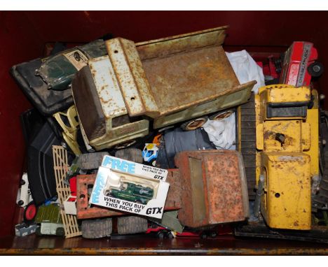 Tonka vehicles, Scalextric and die cast vehicles, contained in a tin trunk.