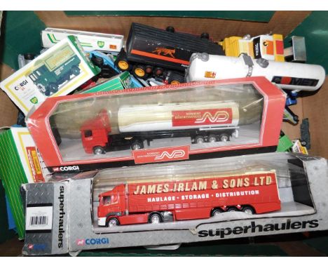 A Corgi die cast Scania Ford Tanker Norbert Dentressangle, 59534, and a Scania curtainside James Irlam, 59509, scale 1:50, bo