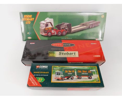Three Corgi die cast Eddie Stobart haulage models, scale 1:50, limited edition, boxed, comprising Scania Low Loader CC12203, 