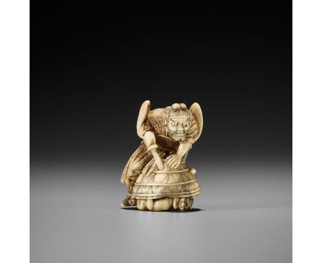 HIDEMASA: AN AMUSING IVORY NETSUKE OF SHOKI AND ONIBy Hidemasa, signed Hidemasa 秀正Japan, Osaka, mid-19th century, Edo period 