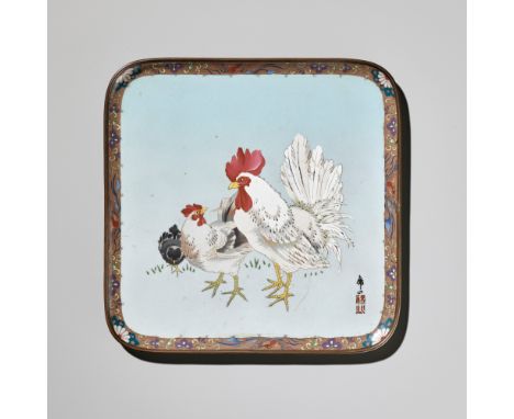 KINZAN: A CLOISONNÃ‰ ENAMEL SQUARE TRAY WITH COCKEREL AND HENBy the Kinzan company, signed Kinzan and with seal KinzanJapan, 