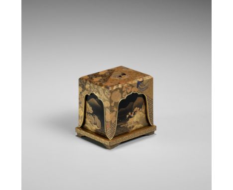 A FINE AND RARE LACQUER JU-KOBAKO (SMALL TIERED BOX), COVER AND STAND DEPICTING MOUNTAIN LANDSCAPESJapan, second half of 19th