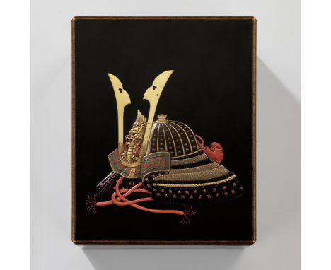A SUPERB INLAID LACQUER TEBAKO AND COVER DEPICTING A KABUTO WITH KUWAGATA AND DRAGON MAEDATEJapan, 19th centuryOf rectangular
