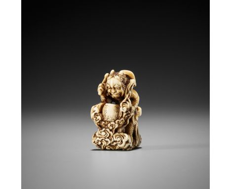 JORYU: A FINE IVORY NETSUKE OF RAIJIN ENVELOPED IN CLOUDSBy Joryu, signed Joryu 如柳Japan, Edo (Tokyo), early 19th century, Edo