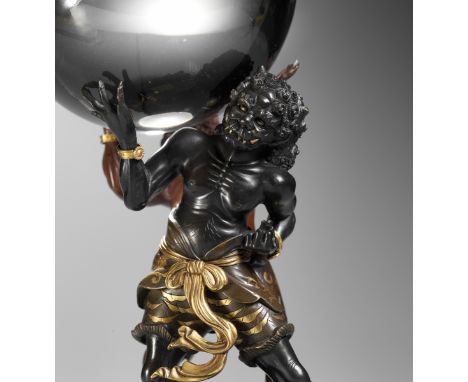 AN IMPRESSIVE BRONZE OF TWO ONI HOLDING A CRYSTAL BALL, ATTRIBUTED TO SANO TAKACHIKAAttributed to Sano Takachika, unsignedJap