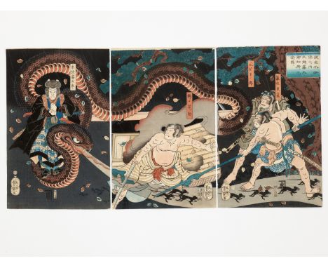 UTAGAWA YOSHITSUYA: A COLOR WOODLOCK PRINT TRIPTYCH DEPICTING KOGAKURE NO KIRITARO, DATED 1861By Utagawa Yoshitsuya (1822-186