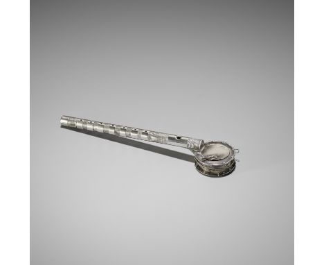 A RARE SILVERED YATATE IN THE FORM OF GAGAKU INSTRUMENTSJapan, 19th centuryOf ladle type, the fudezutsu (brush holder) in the