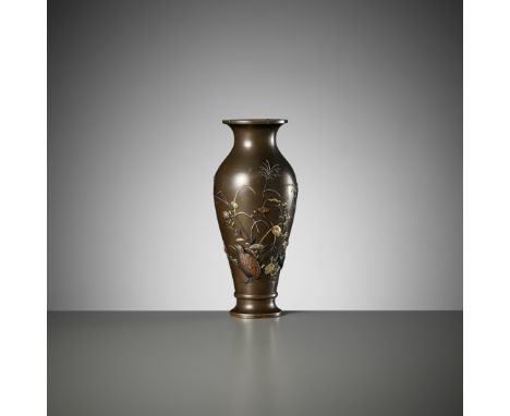 A FINE INLAID BRONZE VASE WITH QUAIL AND AUTUMN GRASSESJapan, Meiji period (1868-1912)The baluster body supported on a spread