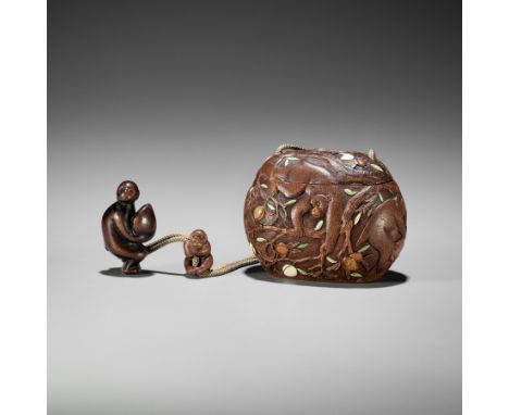 SHUOSAI: AN INLAID WOOD TONKOTSU DEPICTING MONKEYS AND PEACHES WITH EN-SUITE NETSUKE AND OJIMEBy Shuosai, signed Shuosai Japa