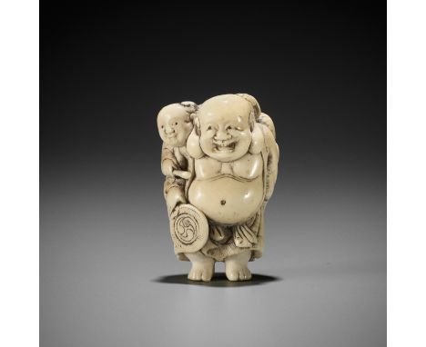 YOSHITOMO: A FINE IVORY NETSUKE OF HOTEI AND KARAKOBy Yoshitomo, signed Yoshitomo 吉友Japan, Kyoto, late 18th century, Edo peri