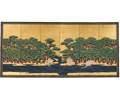 A FINE SIX-PANEL BYOBU SCREEN DEPICTING CRANES AND PINESJapan, 19th century, Edo period (1615-1868)Finely decorated with ink,
