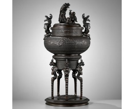 SHOKAKEN: A LARGE AND EXCEPTIONAL BRONZE KORO (INCENSE BURNER) AND COVER WITH THE TWELVE ANIMALS OF THE ZODIAC (JUNISHI)By Os