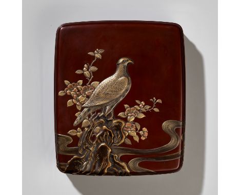 SHOGAKU: A SUPERB LACQUER SUZURIBAKO DEPICTING AN AUTUMNAL SCENE WITH FALCON AND SPARROWSBy Shogaku, signed Shogaku with seal