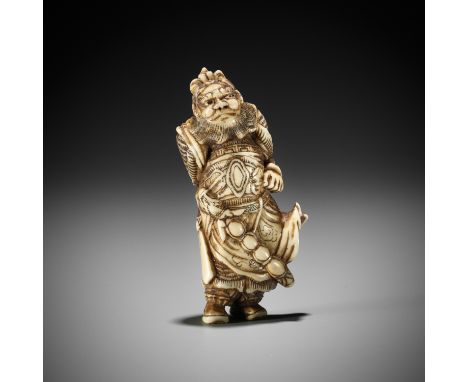 A GOOD STAG ANTLER NETSUKE OF KAN'UUnsignedJapan, 19th century, Edo period (1615-1868)Standing wearing a coat with voluminous