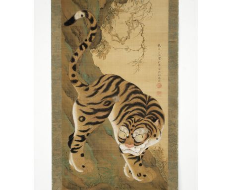 A FINE SCROLL PAINTING OF A TIGER, SCHOOL OF MARUYAMA OKYOInscribed Kamei and sealed Anagura and KameisaiJapan, Kyoto, late 1