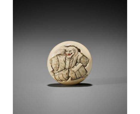 HOGYOKU: AN IVORY MANJU NETSUKE OF A NOH ACTOR AS HANNYABy IkkeIsai Hogyoku, signed Ikkeisai Hogyoku一鶏齋 法玉with kakihanJapan, 