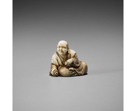 MUNETAME: A FINE IVORY NETSUKE OF A MAN DRINKING SAKEBy Munetame, signed Munetame with kakihanJapan, Tokyo, Meiji period (186
