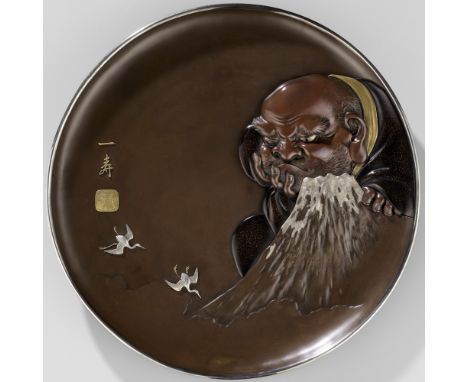 KAZUTOSHI: A LARGE AND IMPRESSIVE INLAID BRONZE CHARGER DEPICTING DARUMA AS DAIDARABOTCHIBy Yanagi Kazutoshi, signed Kazutosh