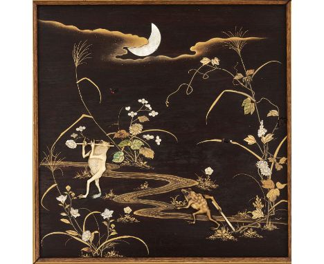 A SHIBAYAMA INLAID AND LACQUERED WOOD PANEL DEPICTING ANTHROPOMORPHIC FROGSJapan, Meiji period (1868-1912)The wood ground fin
