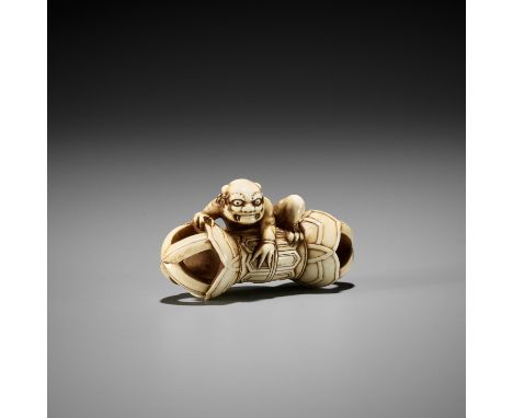 A RARE IVORY NETSUKE OF AN ONI ON A KONGO (VAJRA)UnsignedJapan, early 19th century, Edo period (1615-1868)The mischievous lit