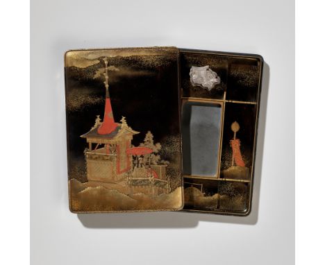SHISEN: A MAGNIFICENT LACQUER SUZURIBAKO DEPICTING THE GION MATSURI WITH YAMABOKO FLOATSBy Shisen, signed and sealed ShisenJa