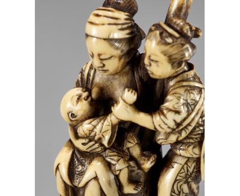 MINKOKU: A FINE IVORY NETSUKE OF TWO WOMEN WITH AN INFANTBy Genryosai Minkoku, signed Minkoku 民谷Japan, Edo (Tokyo), early 19t