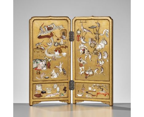 A RARE AND SUPERB SHIBAYAMA-STYLE INLAID GOLD LACQUER TABLE SCREEN WITH KYOSAI'S ANIMAL CIRCUSJapan, Meiji period (1868-1912)