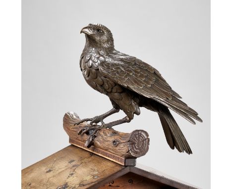 AN UNUSUAL BRONZE AND WOOD GROUP DEPICTING A HAWK ON A BIRDHOUSEThe hawk by Nojiri Hidechika for the Genryusai Seiya workshop