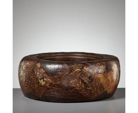 A LARGE RIMPA STYLE LACQUERED AND INLAID PAULOWNIA WOOD HIBACHI (BRAZIER) WITH LUNAR HARESJapan, second half of 19th century,