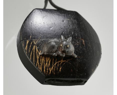 JOSEN: AN INLAID AND LACQUERED WOOD SINGLE-CASE INRO DEPICTING LUNAR HARESBy Josen, signed Josen with kakihan Japan, 19th cen
