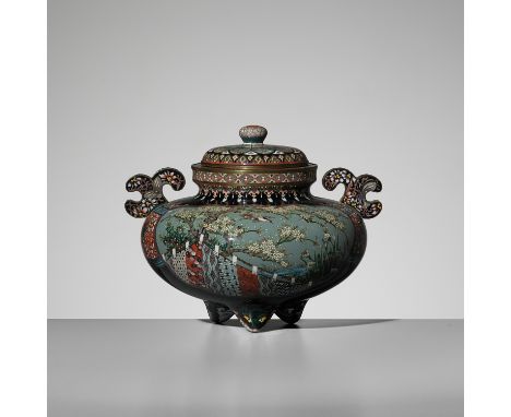 A FINE CLOISONNÃ‰ KORO (INCENSE BURNER) AND COVER, STYLE OF HAYASHI KODENJIJapan, Nagoya, late 19th century, Meiji period (18