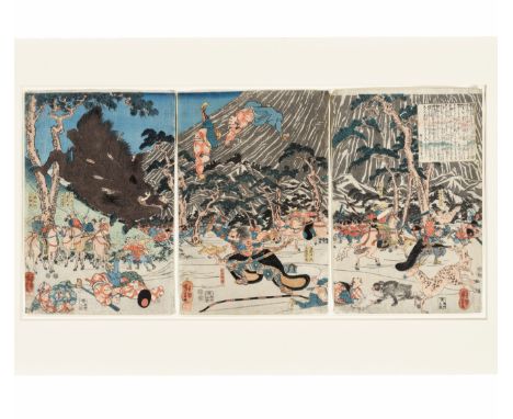 UTAGAWA KUNIYOSHI: A RARE COLOR WOODBLOCK PRINT TRIPTYCH DEPICTING TADATSUNE SLAYING A GIANT BOARBy Utagawa Kuniyoshi (1797-1