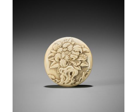 KOGYOKU: A LARGE IVORY MANJU NETSUKE WITH PEONIESBy Kogyoku, signed Kogyoku 光玉Japan, Edo (Tokyo), mid-19th century, Edo perio