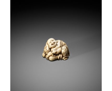 A CHARMING IVORY NETSUKE OF HOTEI WITH PUPPYUnsignedJapan, early 18th century, Edo period (1615-1868)Depicting Hotei seated, 