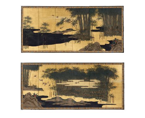 A PAIR OF FINE SIX-PANEL BYOBU SCREENS DEPICTING SPARROWS AND BAMBOOJapan, 19th century, Edo period (1615-1868)Each finely de