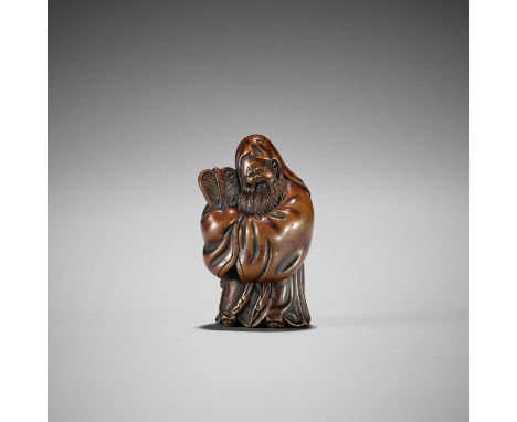 ROKKO: A FINE WOOD NETSUKE OF JUROJINBy Rokko, signed Rokko 六甲Japan, Edo/Tokyo, mid to late 19th centuryJurojin standing, dre