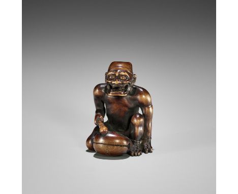 ITSUMIN: A FINE WOOD NETSUKE OF A REPENTING ONI WITH MOKUGYOBy Hokyudo Itsumin, signed Itsumin 逸民 to刀Japan, Edo (Tokyo), mid-