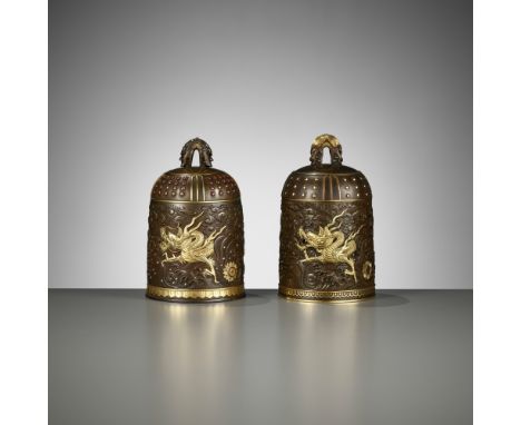 A MATCHED PAIR OF GOLD-INLAID BRONZE 'BUDDHIST TEMPLE BELL' KOGO (INCENSE CONTAINERS), ONE BY MIYABE ATSUYOSHIOne by Miyabe A