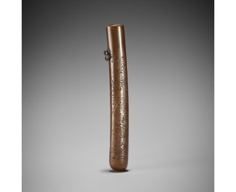 KINJO: A GOLD INLAID COPPER KISERUZUTSU WITH TIGER AND DRAGONBy Ikeda Kinjo, signed Kinjo 琴乘Japan, c. 1860The pipe case of ot