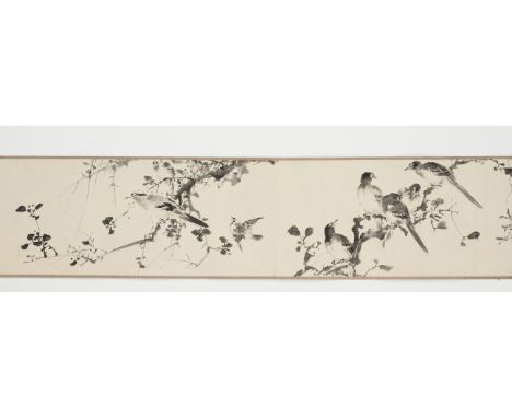 URAGAMI SHUNKIN: A 14-METER HANDSCROLL WITH BIRDS AND FLOWERS, DATED 1836 BY INSCRIPTIONBy Uragami Shunkin (1779-1846), signe